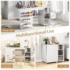 Costway Folding Sewing Table with Storage Shelves 2 Storage Bins & 18 Pegs Lockable Casters