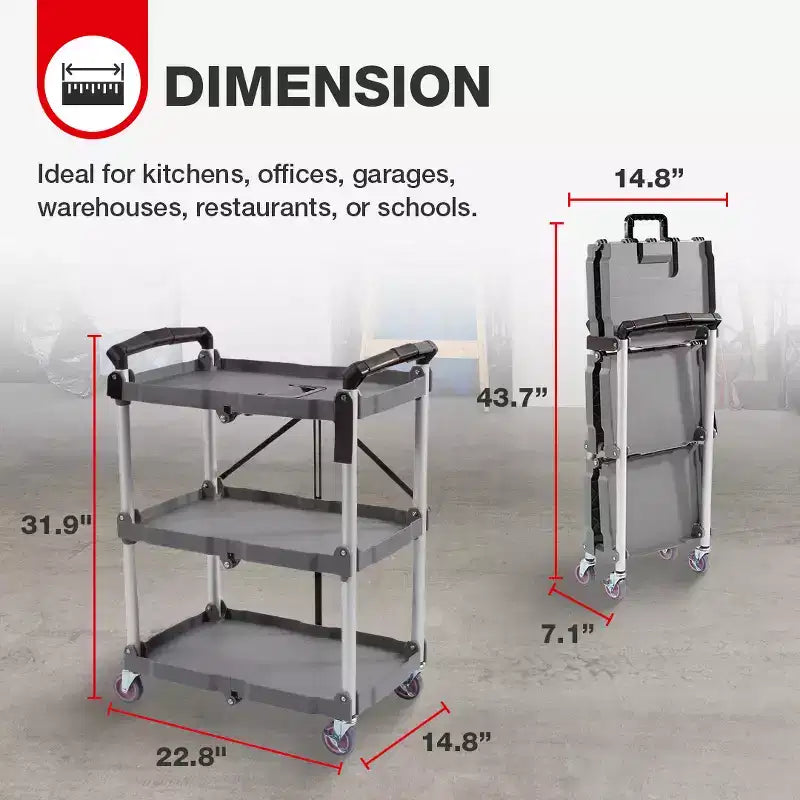 Elevon Service Cart Portable Utility 3 Tier Collapsible Shelving Unit, Gray