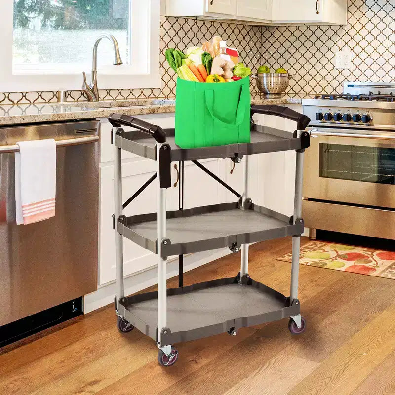 Elevon Service Cart Portable Utility 3 Tier Collapsible Shelving Unit, Gray