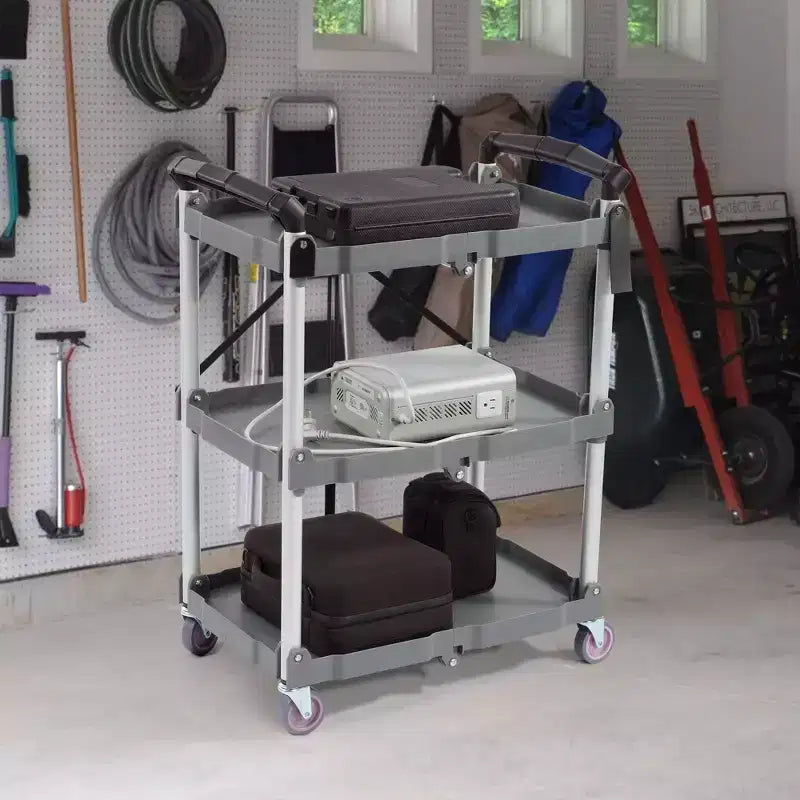 Elevon Service Cart Portable Utility 3 Tier Collapsible Shelving Unit, Gray