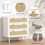 Anmytek Cassettiera Bianca a 3 Cassetti in Rattan, Stile Moderno di Metà Secolo, Organizzatore Contenitore per Camera da Letto