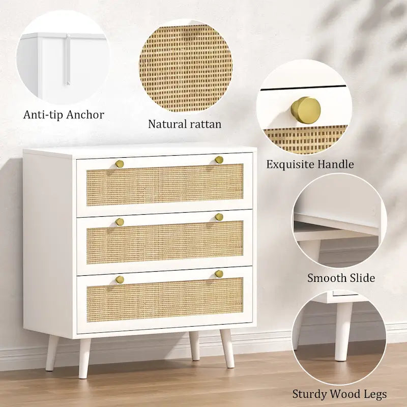Anmytek Cassettiera Bianca a 3 Cassetti in Rattan, Stile Moderno di Metà Secolo, Organizzatore Contenitore per Camera da Letto