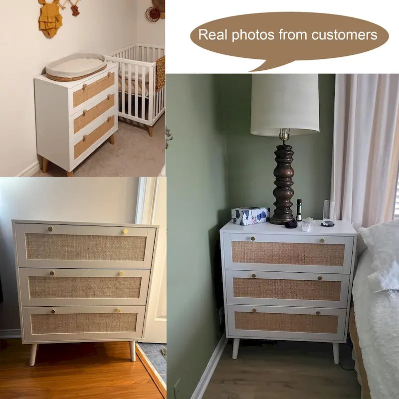 Anmytek Cassettiera Bianca a 3 Cassetti in Rattan, Stile Moderno di Metà Secolo, Organizzatore Contenitore per Camera da Letto