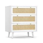 Anmytek Cassettiera Bianca a 3 Cassetti in Rattan, Stile Moderno di Metà Secolo, Organizzatore Contenitore per Camera da Letto