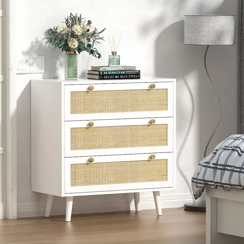 Anmytek Cassettiera Bianca a 3 Cassetti in Rattan, Stile Moderno di Metà Secolo, Organizzatore Contenitore per Camera da Letto