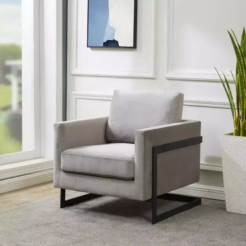 LeisureMod Lincoln Velvet Accent Arm Chair, Black Steel Frame
