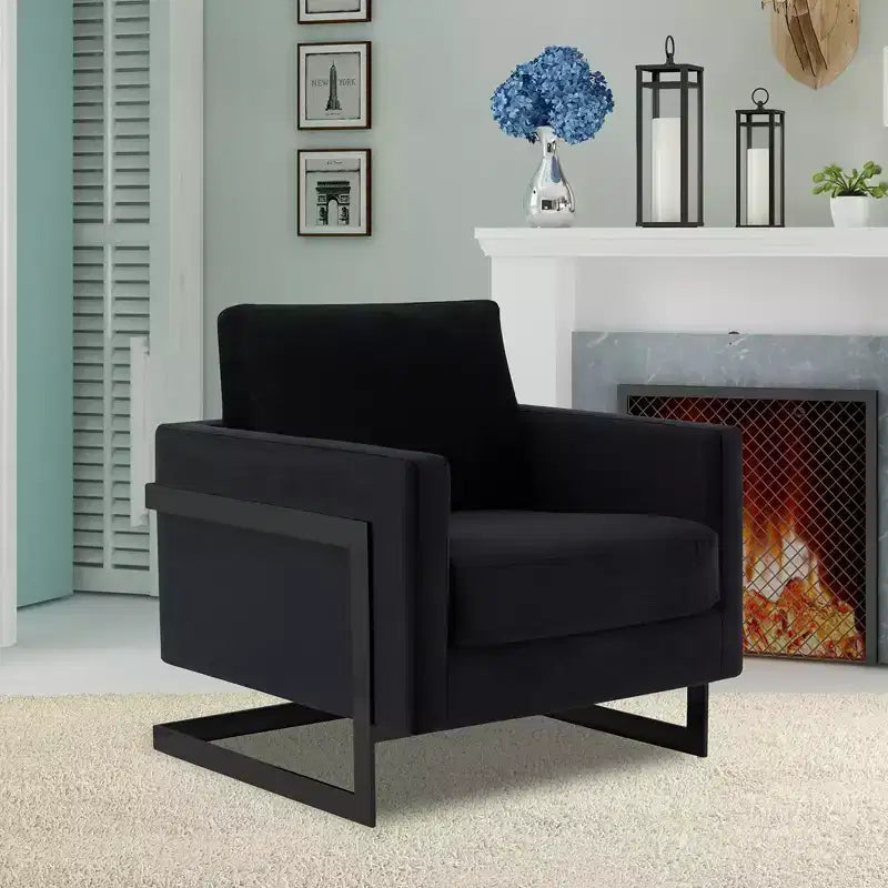 LeisureMod Lincoln Velvet Accent Arm Chair, Black Steel Frame
