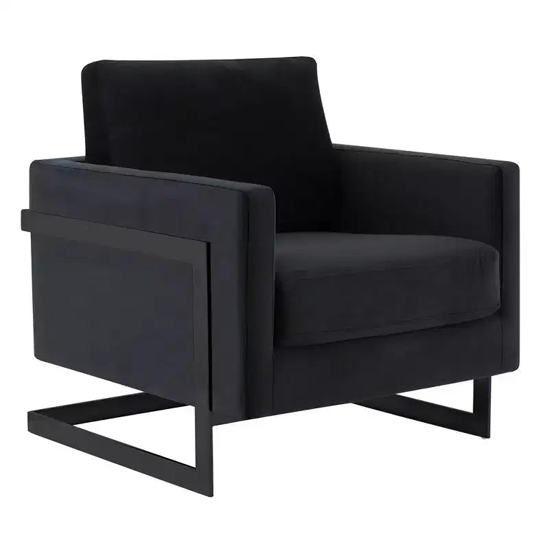 LeisureMod Lincoln Velvet Accent Arm Chair, Black Steel Frame