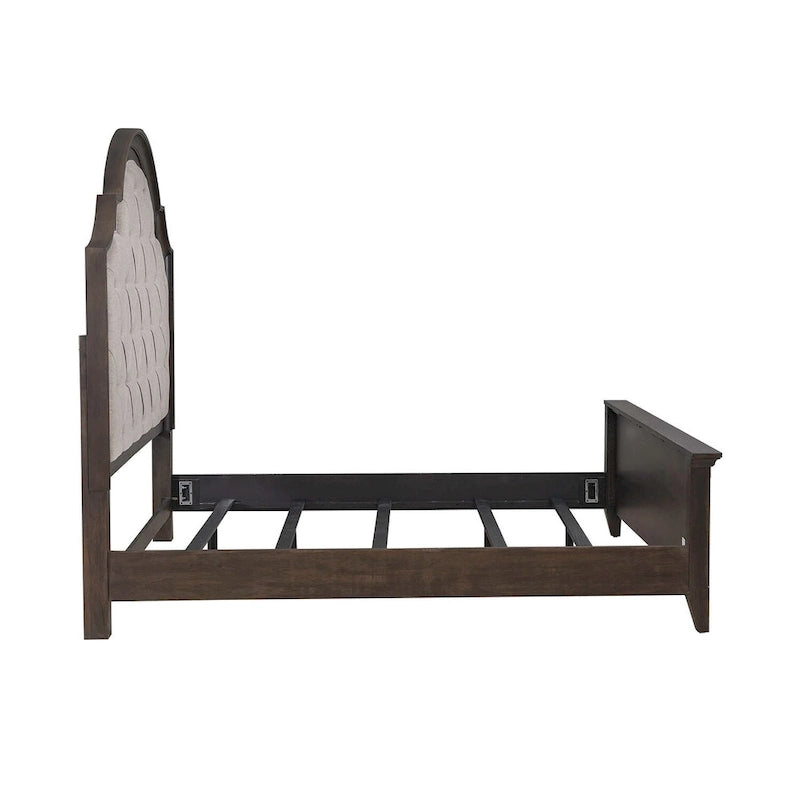 Letto imbottito Paradise Valley color marrone sella, cassettiera con specchio e comodino
