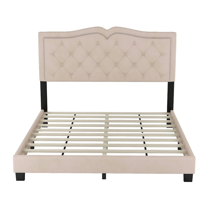 Letto a piattaforma Queen Size imbottito in velluto con testiera trapuntata