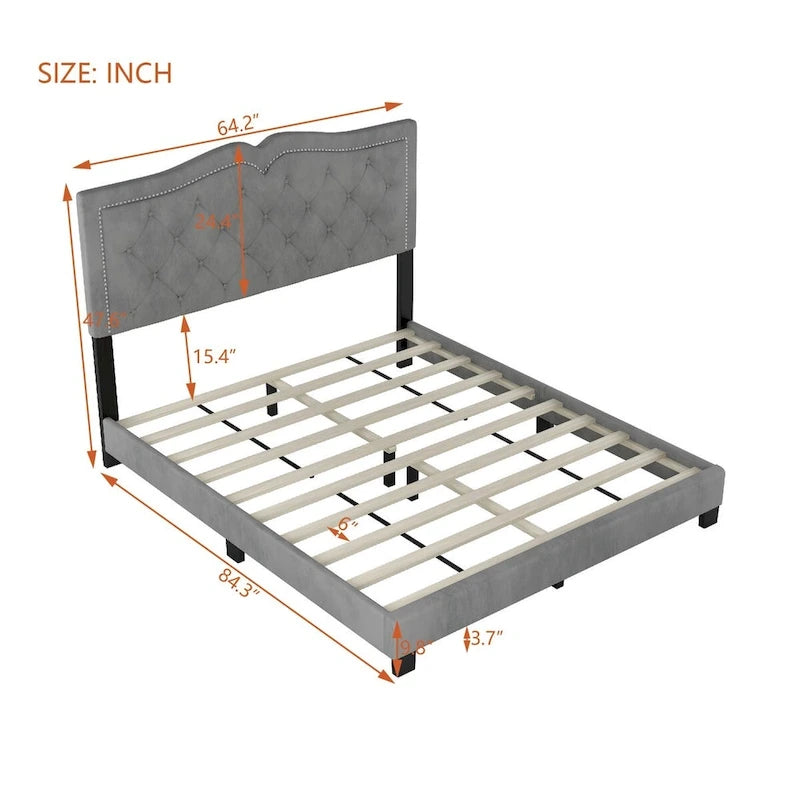 Letto a piattaforma Queen Size imbottito in velluto con testiera trapuntata