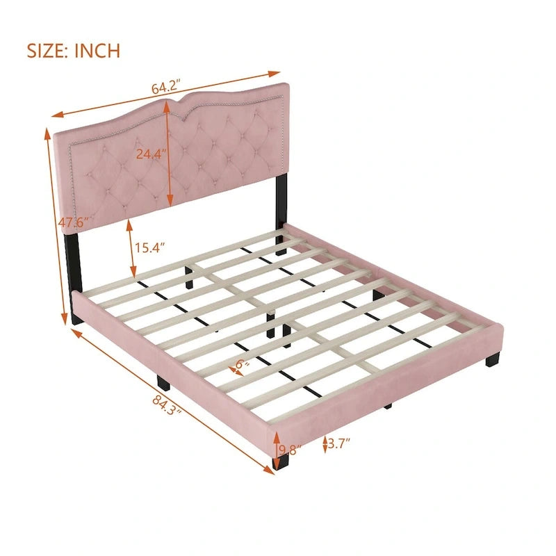 Letto a piattaforma Queen Size imbottito in velluto con testiera trapuntata