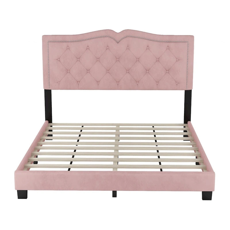 Letto a piattaforma Queen Size imbottito in velluto con testiera trapuntata