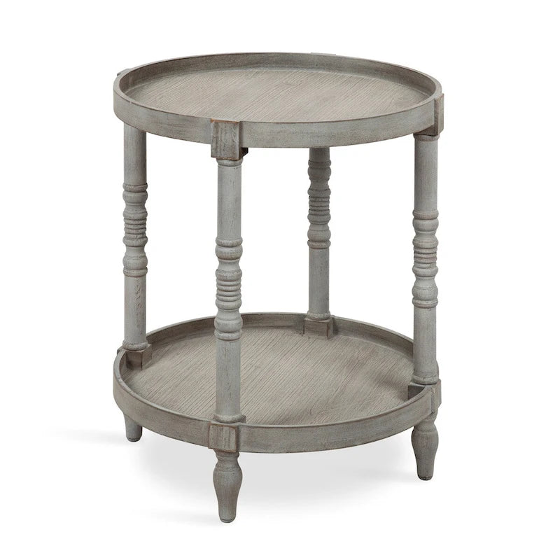 Tavolino rotondo da 50 cm in legno stile rustico con ripiano inferiore e gambe a fuso, grigio o bianco