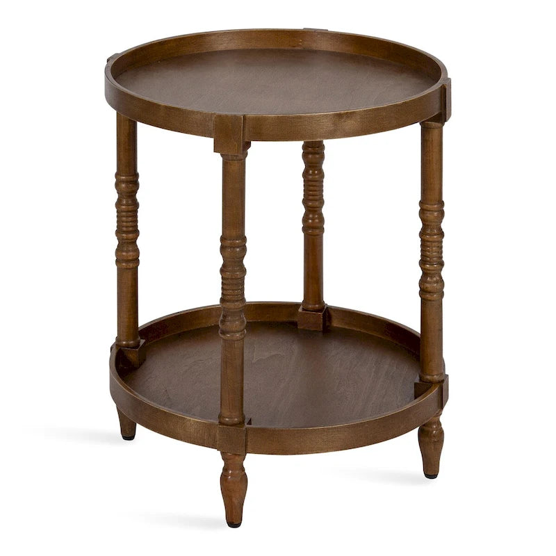 Tavolino rotondo da 50 cm in legno stile rustico con ripiano inferiore e gambe a fuso, grigio o bianco