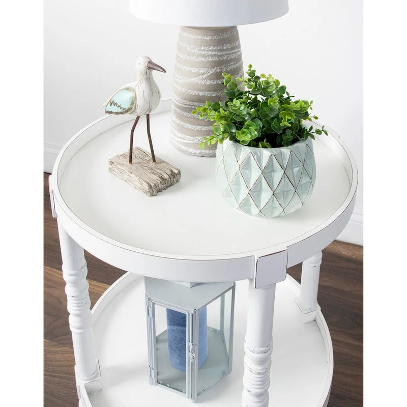 Tavolino rotondo da 50 cm in legno stile rustico con ripiano inferiore e gambe a fuso, grigio o bianco