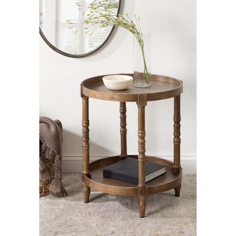 Tavolino rotondo da 50 cm in legno stile rustico con ripiano inferiore e gambe a fuso, grigio o bianco