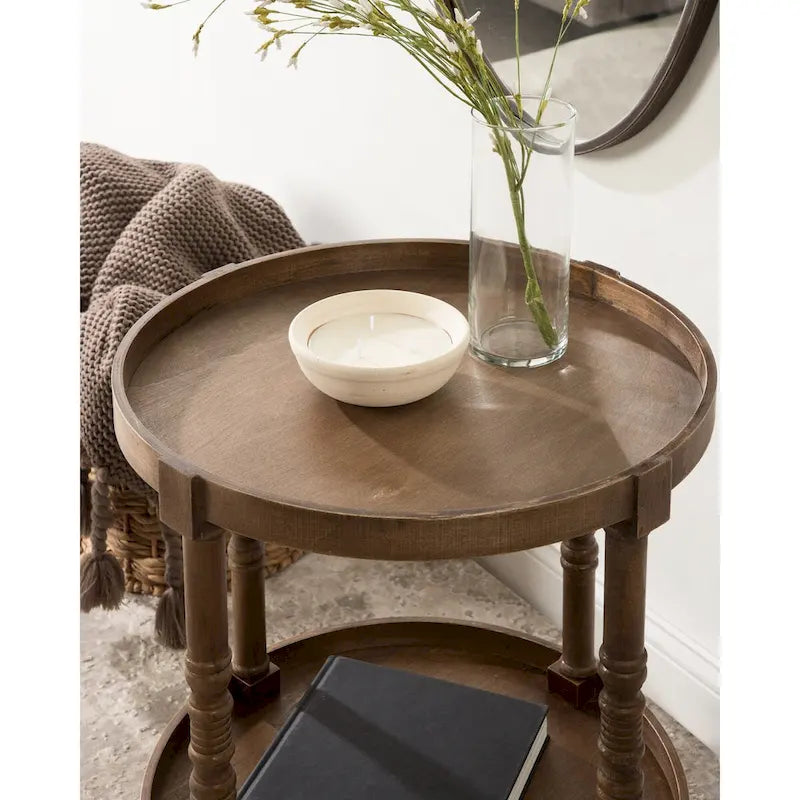 Tavolino rotondo da 50 cm in legno stile rustico con ripiano inferiore e gambe a fuso, grigio o bianco