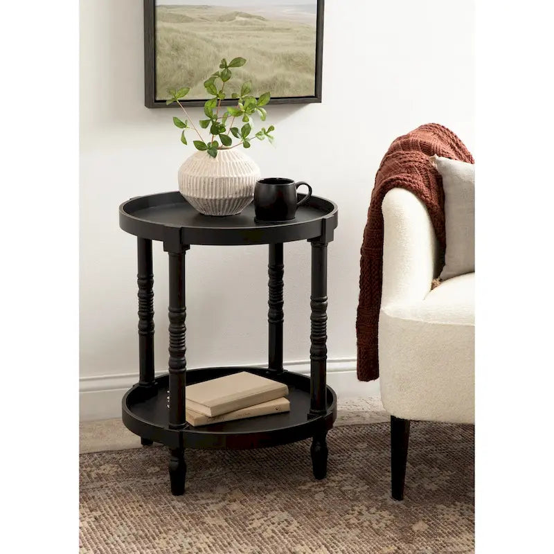 Tavolino rotondo da 50 cm in legno stile rustico con ripiano inferiore e gambe a fuso, grigio o bianco