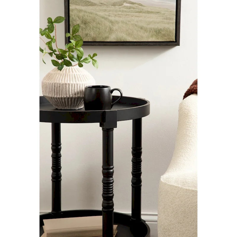 Tavolino rotondo da 50 cm in legno stile rustico con ripiano inferiore e gambe a fuso, grigio o bianco