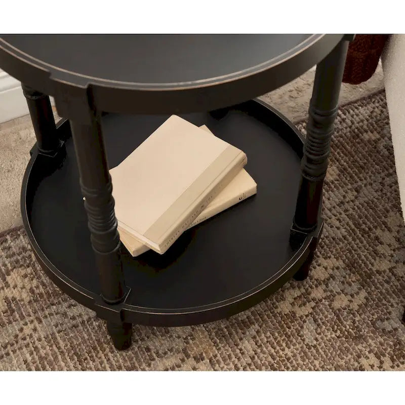 Tavolino rotondo da 50 cm in legno stile rustico con ripiano inferiore e gambe a fuso, grigio o bianco
