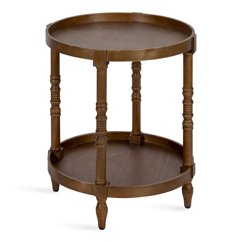 Tavolino rotondo da 50 cm in legno stile rustico con ripiano inferiore e gambe a fuso, grigio o bianco