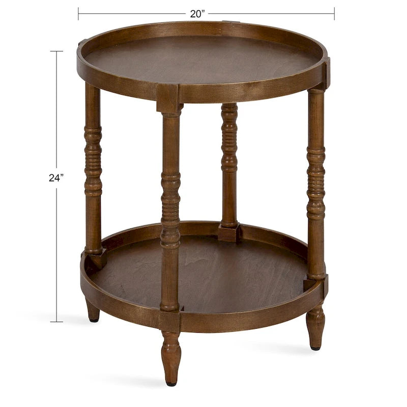 Tavolino rotondo da 50 cm in legno stile rustico con ripiano inferiore e gambe a fuso, grigio o bianco