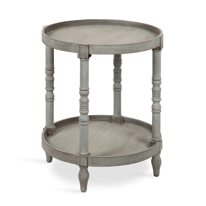 Tavolino rotondo da 50 cm in legno stile rustico con ripiano inferiore e gambe a fuso, grigio o bianco