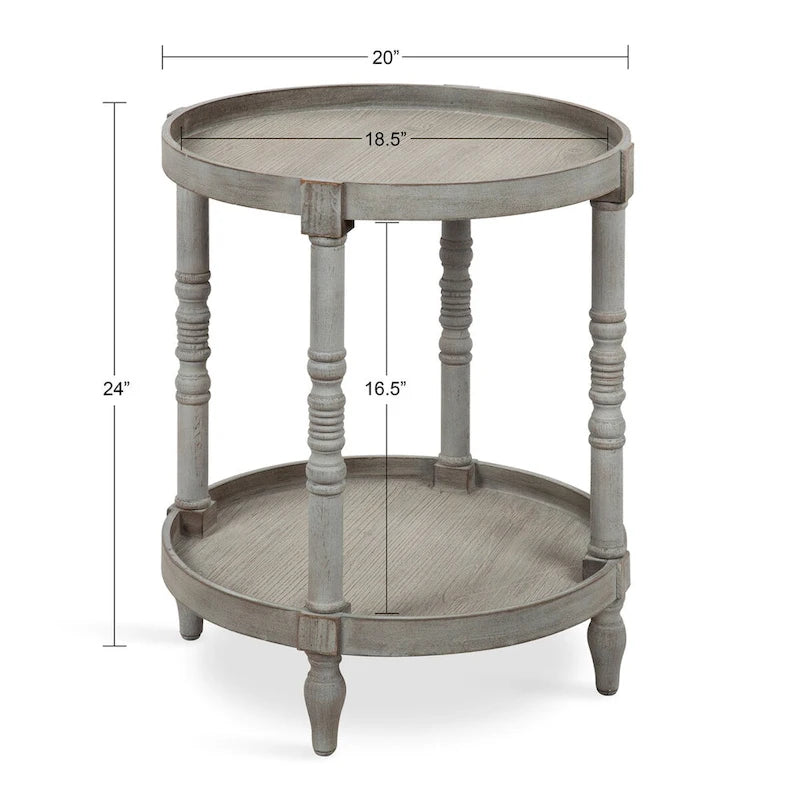 Tavolino rotondo da 50 cm in legno stile rustico con ripiano inferiore e gambe a fuso, grigio o bianco