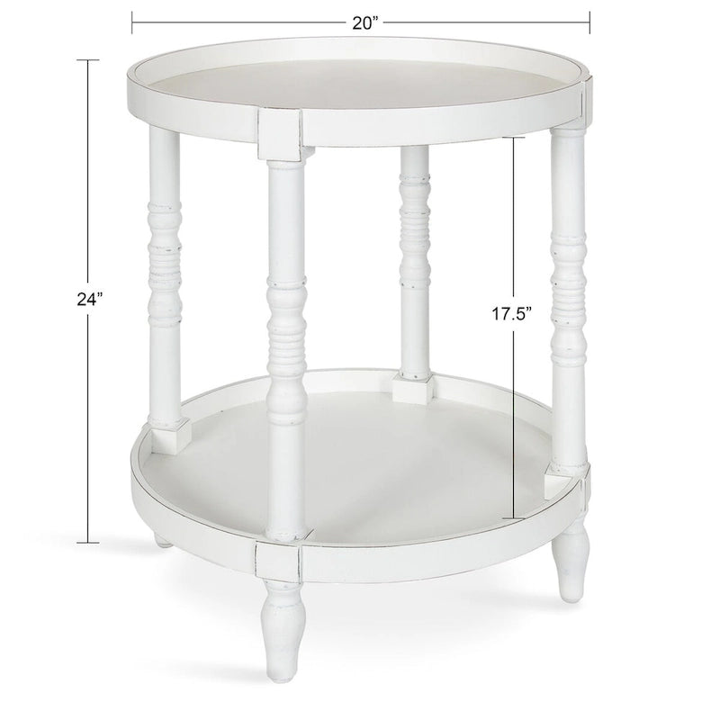 Tavolino rotondo da 50 cm in legno stile rustico con ripiano inferiore e gambe a fuso, grigio o bianco
