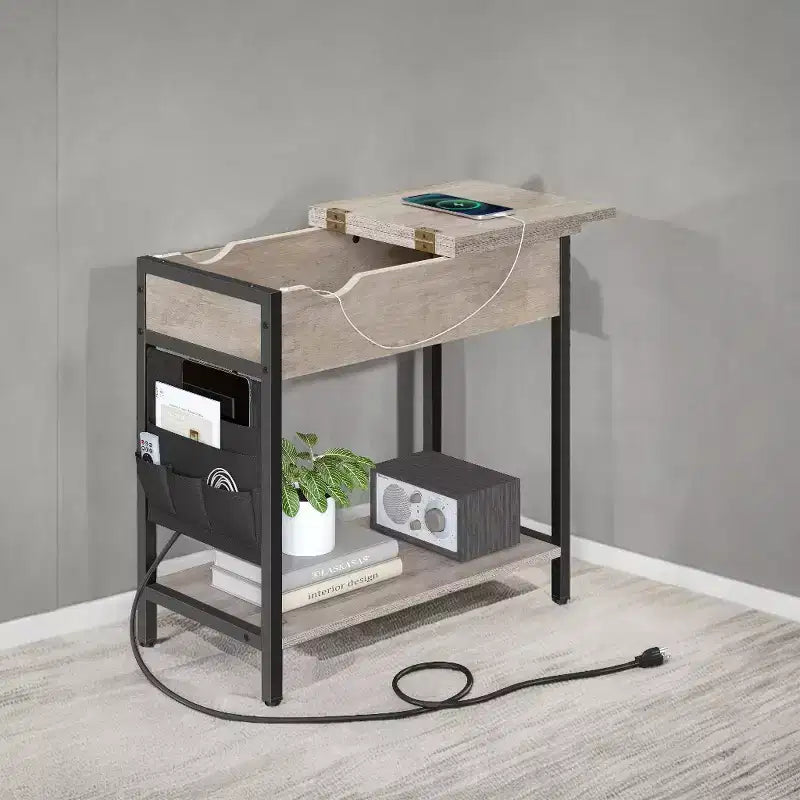 Side Tables with Storage Bedroom Small End Table with Charging Station Side Table with Drawer for Living Room