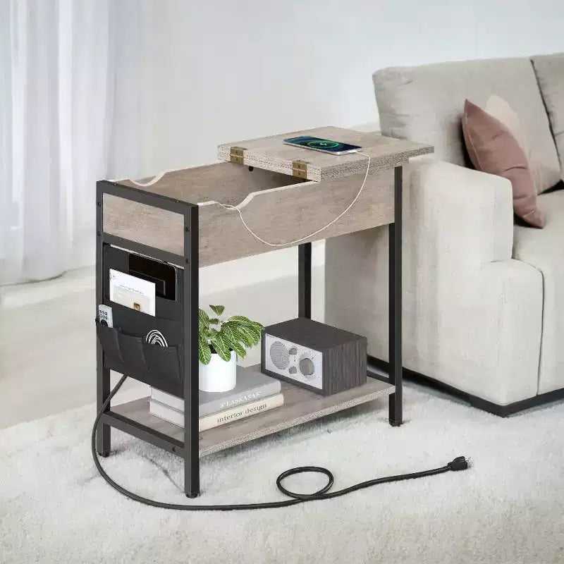 Side Tables with Storage Bedroom Small End Table with Charging Station Side Table with Drawer for Living Room