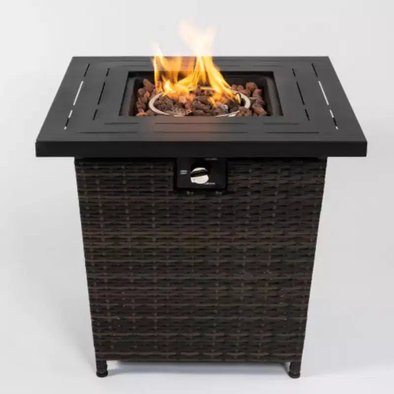 Rattan Fire Table, Square Wicker Fire Table, Adjustable Flame Outdoor Woven Rattan Fire Pit For Backyard, Garden