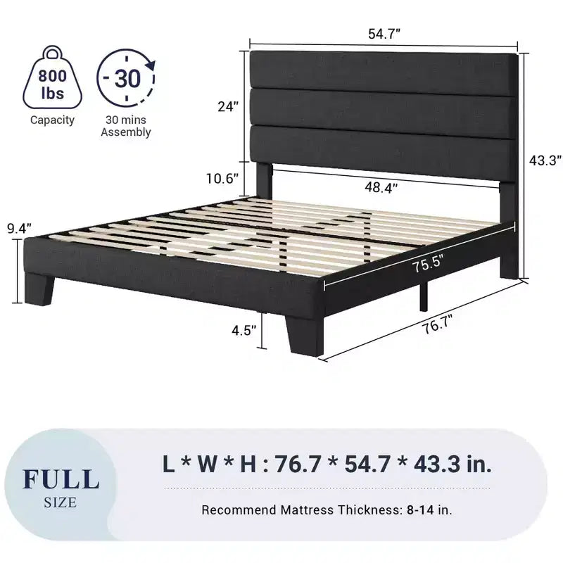 Allewie Platform Bed Frame with Fabric Upholstered Headboard and Wooden Slats Support, Fully Upholstered Mattress Foundation/No Box Spring Needed