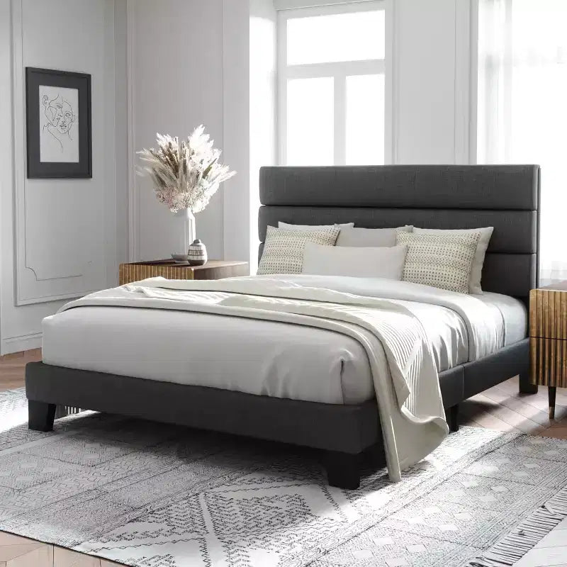 Allewie Platform Bed Frame with Fabric Upholstered Headboard and Wooden Slats Support, Fully Upholstered Mattress Foundation/No Box Spring Needed