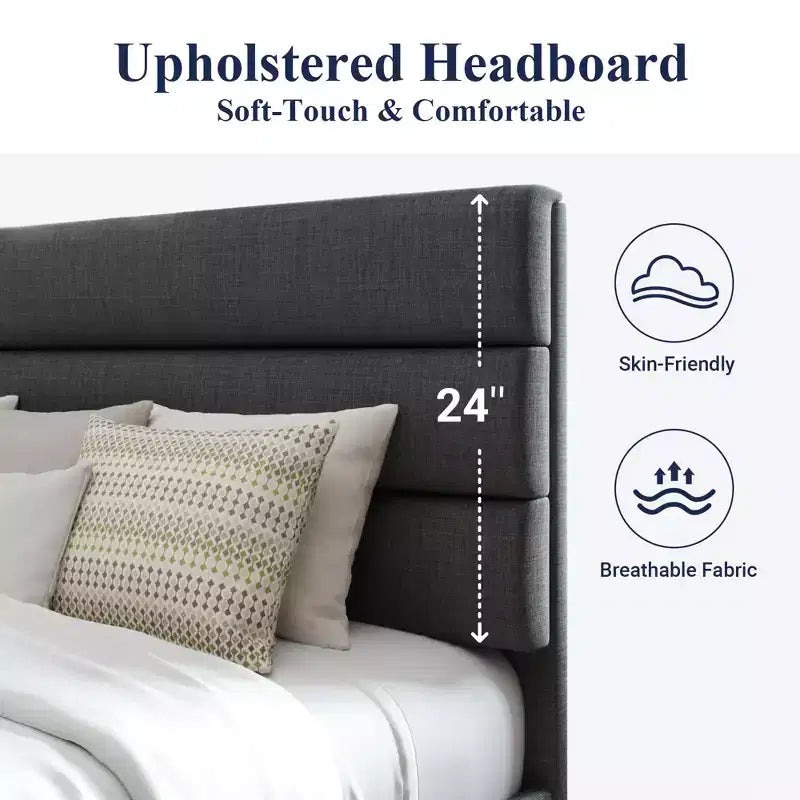 Allewie Platform Bed Frame with Fabric Upholstered Headboard and Wooden Slats Support, Fully Upholstered Mattress Foundation/No Box Spring Needed