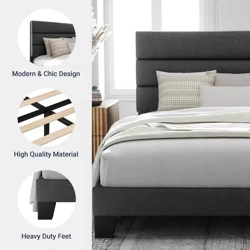 Allewie Platform Bed Frame with Fabric Upholstered Headboard and Wooden Slats Support, Fully Upholstered Mattress Foundation/No Box Spring Needed