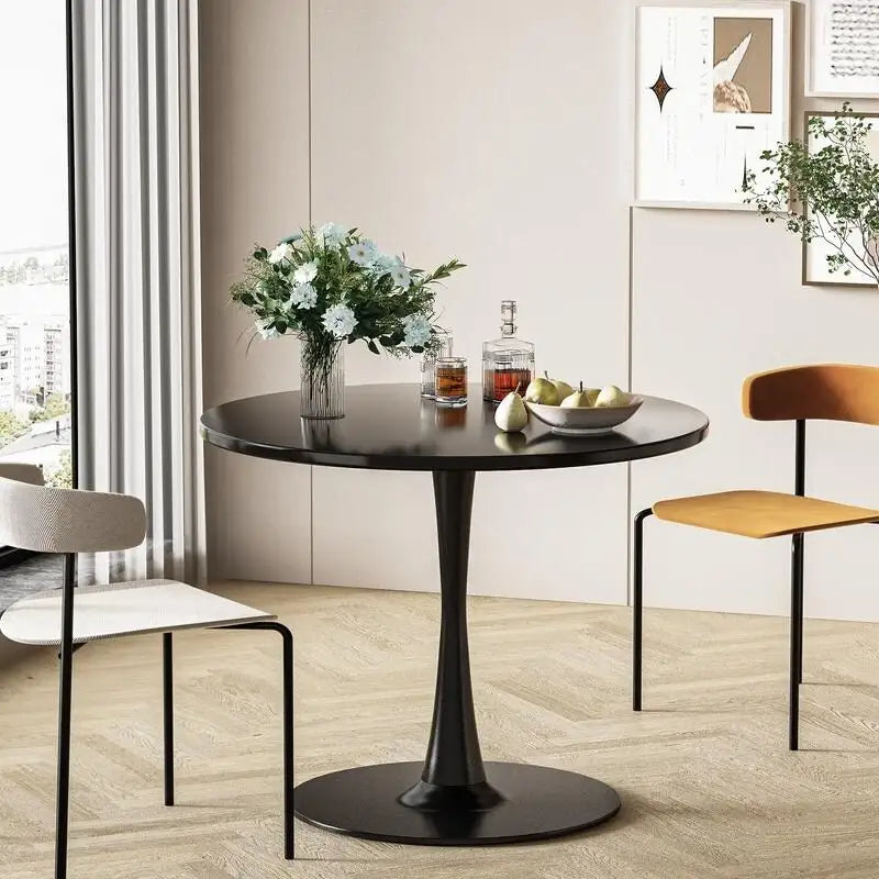 Tavolo da cucina o da pranzo rotondo Grondin Mid-Century Modern con piano in MDF di alta qualità e base a piedistallo in acciaio per sala da pranzo