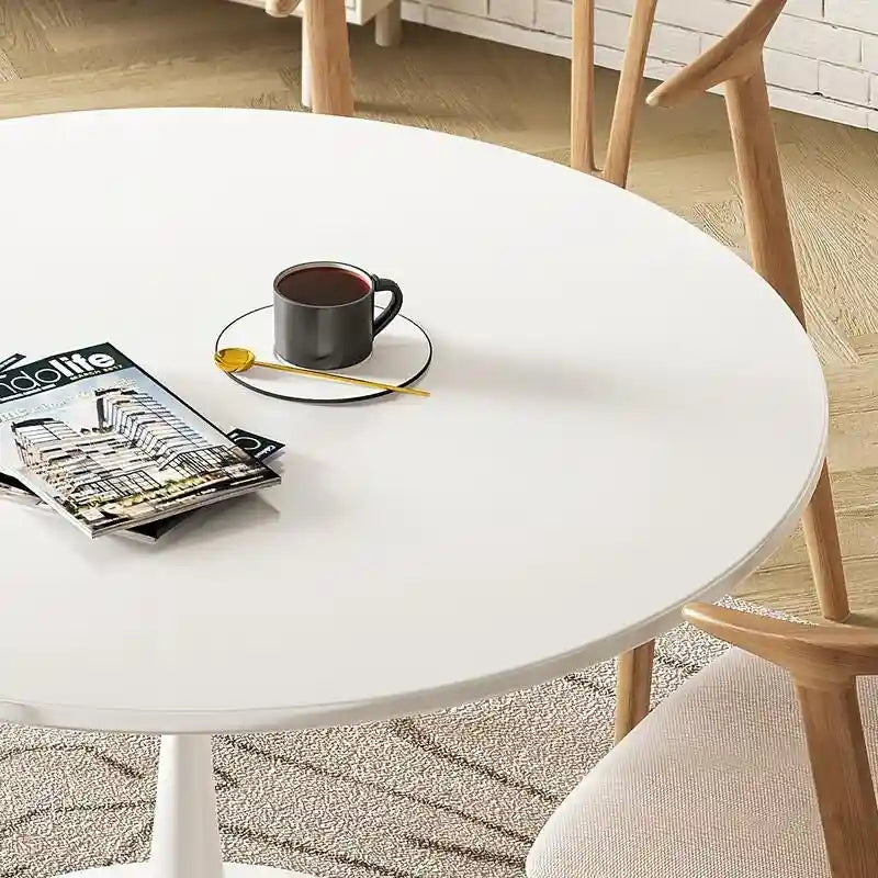 Tavolo da cucina o da pranzo rotondo Grondin Mid-Century Modern con piano in MDF di alta qualità e base a piedistallo in acciaio per sala da pranzo