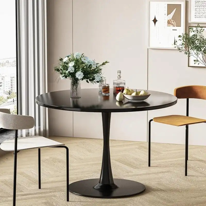 Tavolo da cucina o da pranzo rotondo Grondin Mid-Century Modern con piano in MDF di alta qualità e base a piedistallo in acciaio per sala da pranzo
