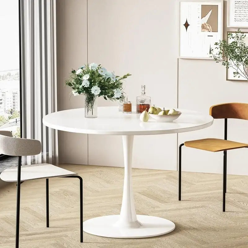 Tavolo da cucina o da pranzo rotondo Grondin Mid-Century Modern con piano in MDF di alta qualità e base a piedistallo in acciaio per sala da pranzo