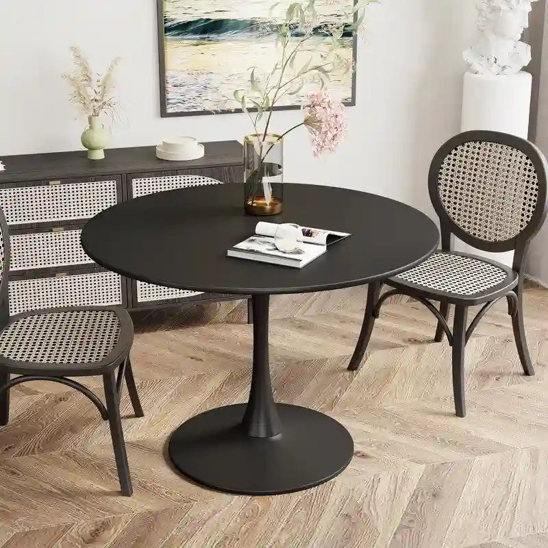 Tavolo da cucina o da pranzo rotondo Grondin Mid-Century Modern con piano in MDF di alta qualità e base a piedistallo in acciaio per sala da pranzo