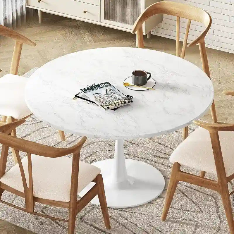 Tavolo da cucina o da pranzo rotondo Grondin Mid-Century Modern con piano in MDF di alta qualità e base a piedistallo in acciaio per sala da pranzo