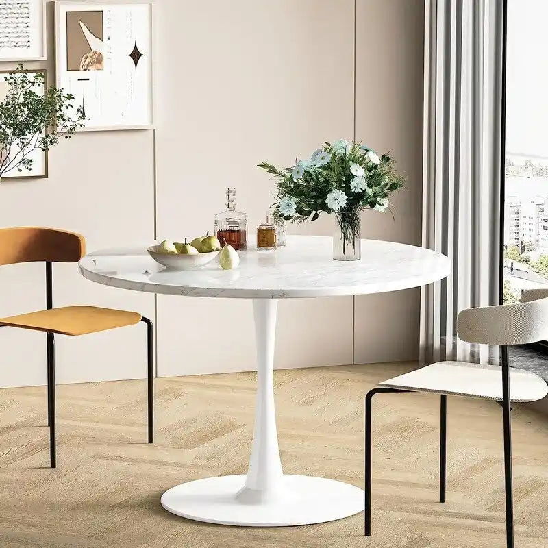 Tavolo da cucina o da pranzo rotondo Grondin Mid-Century Modern con piano in MDF di alta qualità e base a piedistallo in acciaio per sala da pranzo