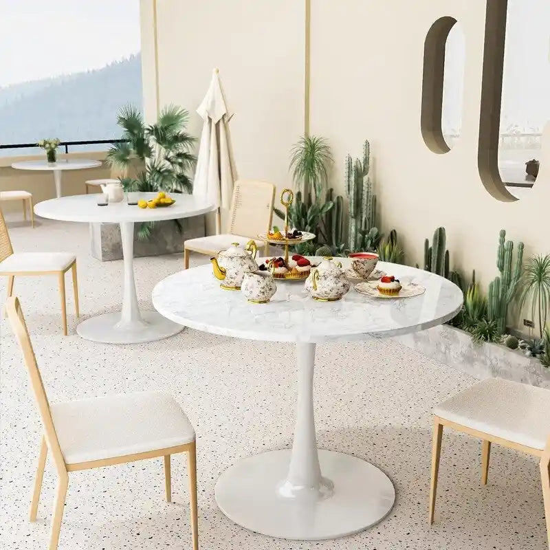 Tavolo da cucina o da pranzo rotondo Grondin Mid-Century Modern con piano in MDF di alta qualità e base a piedistallo in acciaio per sala da pranzo