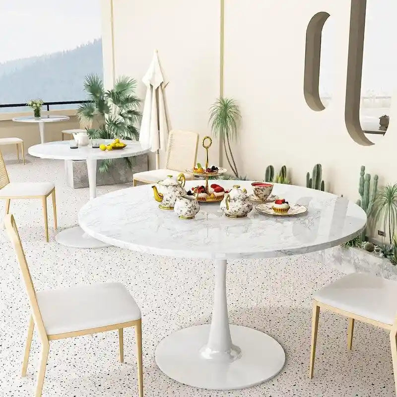 Tavolo da cucina o da pranzo rotondo Grondin Mid-Century Modern con piano in MDF di alta qualità e base a piedistallo in acciaio per sala da pranzo