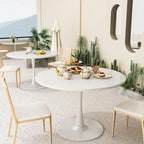 Tavolo da cucina o da pranzo rotondo Grondin Mid-Century Modern con piano in MDF di alta qualità e base a piedistallo in acciaio per sala da pranzo