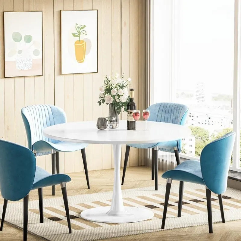 Tavolo da cucina o da pranzo rotondo Grondin Mid-Century Modern con piano in MDF di alta qualità e base a piedistallo in acciaio per sala da pranzo