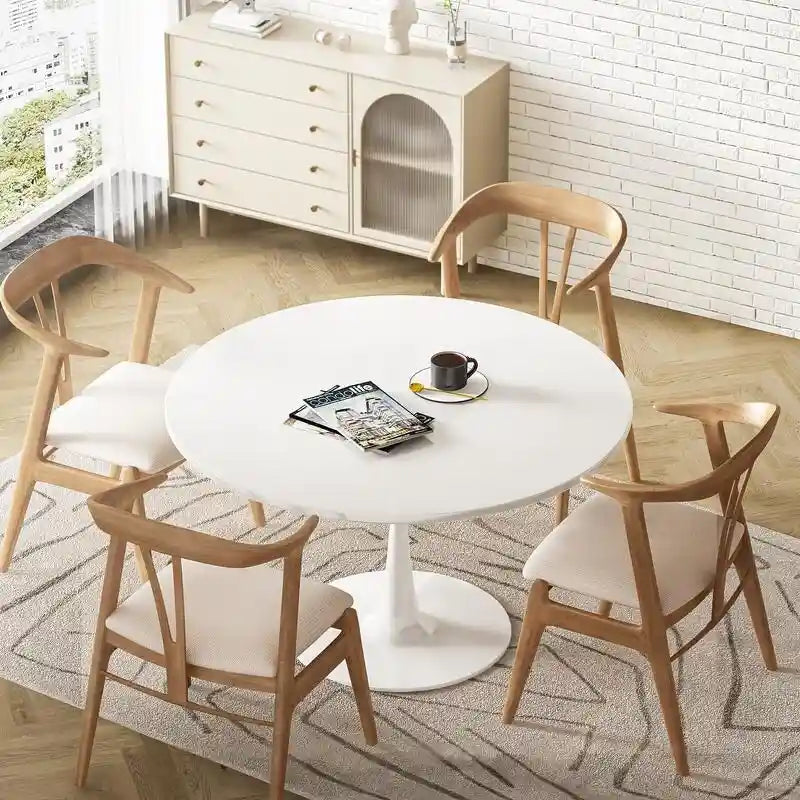 Tavolo da cucina o da pranzo rotondo Grondin Mid-Century Modern con piano in MDF di alta qualità e base a piedistallo in acciaio per sala da pranzo