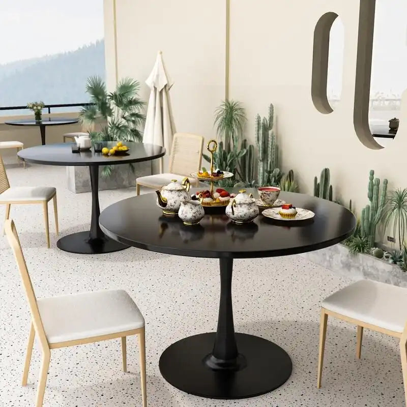 Tavolo da cucina o da pranzo rotondo Grondin Mid-Century Modern con piano in MDF di alta qualità e base a piedistallo in acciaio per sala da pranzo